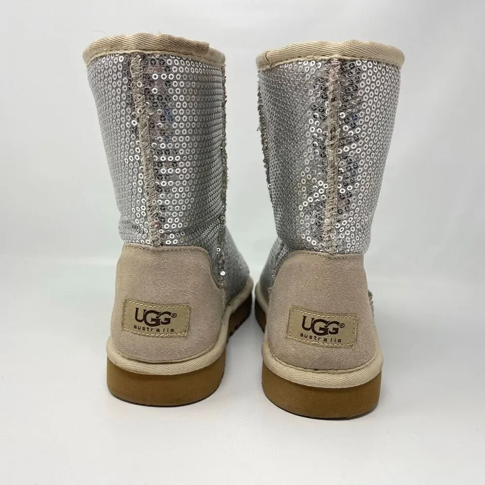 UGG Classic Short Silver Sequin Sheepskin Lined Boots Women’s Size 7
